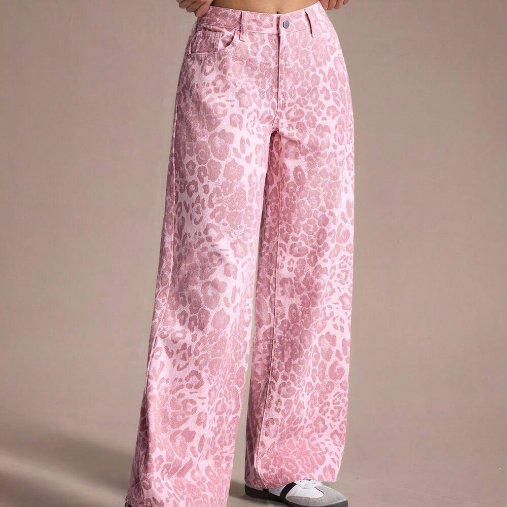 Pink Casual Women's Leopard Print Pocketed Loose Fit Wide Leg Jeans - Picture 5 of 6